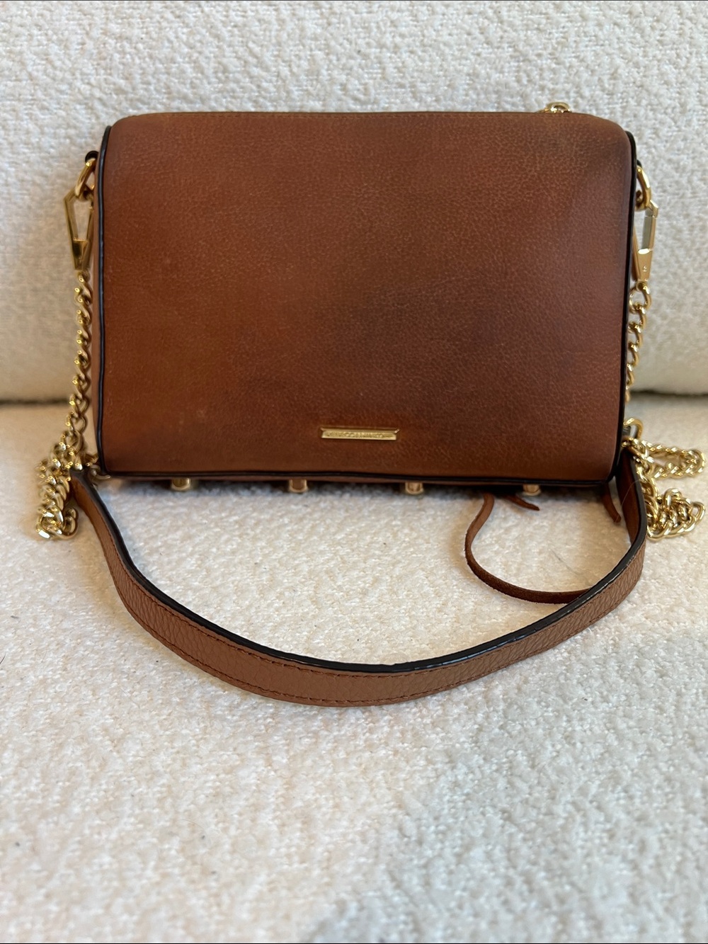 Rebecca Minkoff Cognac Pebbled Leather Crossbody with Gold Chain Designer Luxury